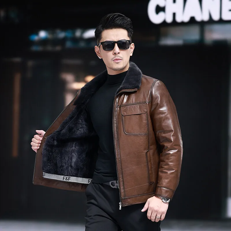 2025 new arrival winter natural mink fur liner sheepskin Genuine leather jackets men , ZH28016