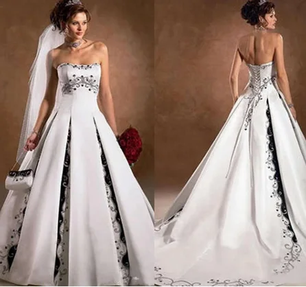 Shwaepepty Trägerloses schwarz-weißes Hochzeitskleid, trägerloses Stickerei-Schnürkorsett, A-Linie, gotisches Brautkleid, Robe de Mariée, individuell gestaltet 3