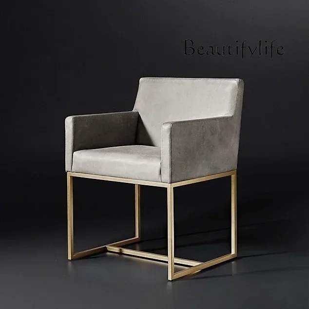 hh American modern simple light luxury dining chair Italian design stainless steel metal cowhide office chair