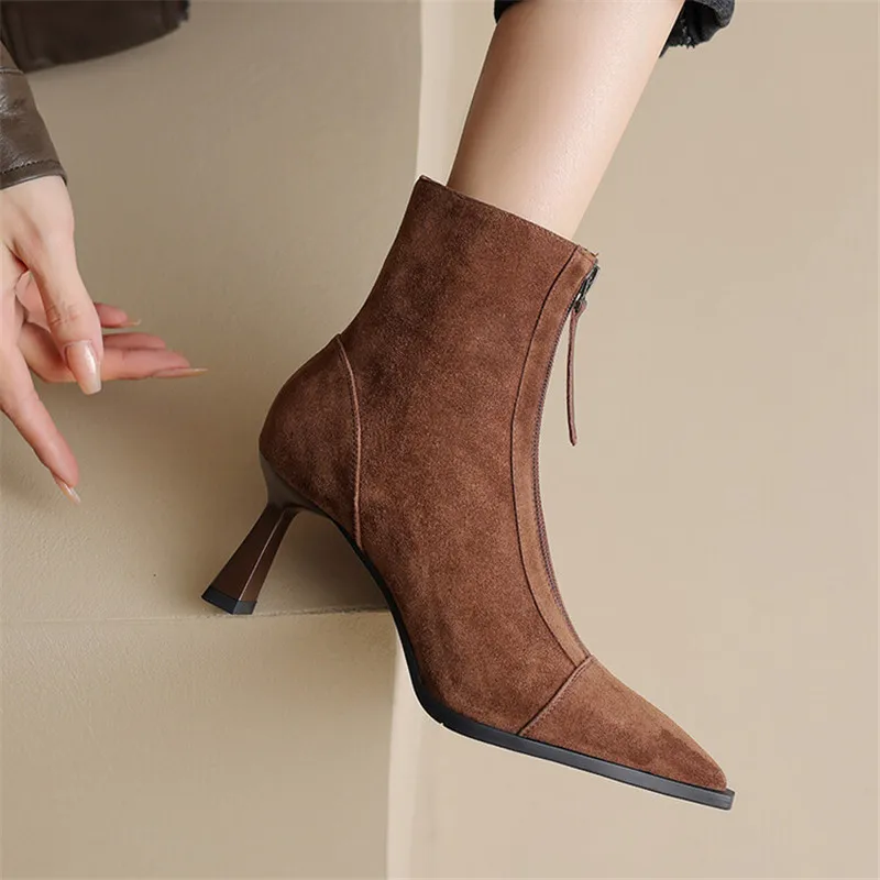 2023 New Winter Sheep Suede Women Boots Pointed Toe Boots for Women High Heels Short Boots Concise Ladies Shoes Zapatos De Mujer