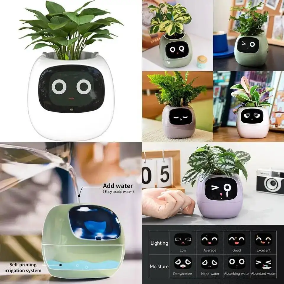

Artificial Intelligence Smart Flowerpot With Time Temperature Display And Expressive Animations For Plant Care