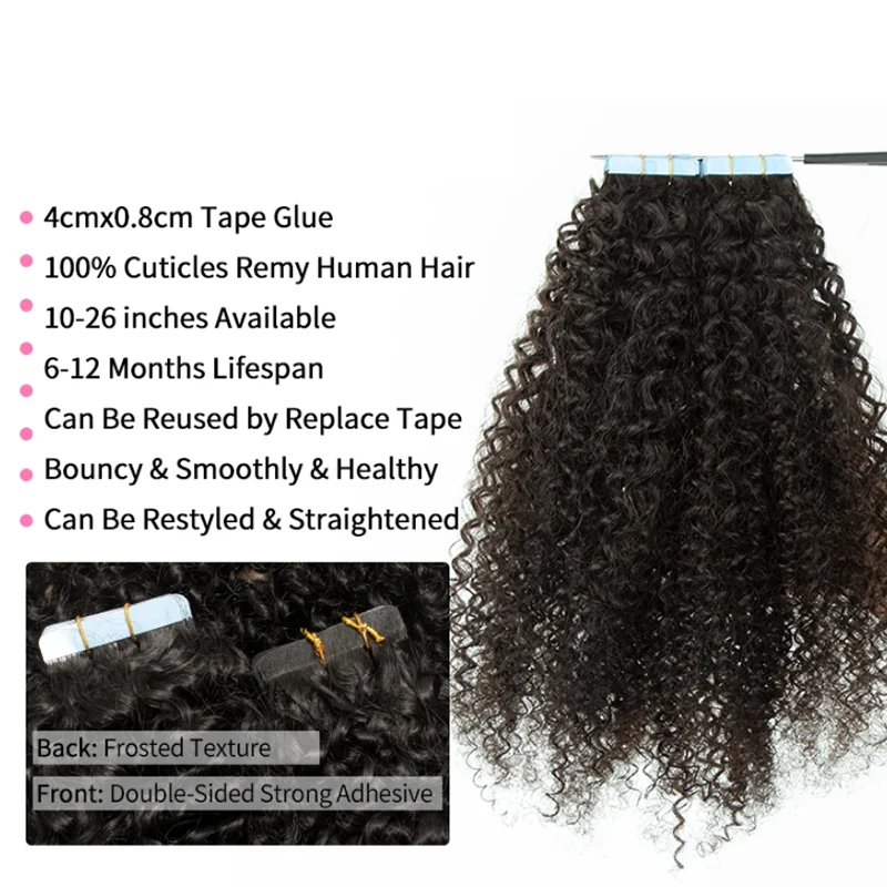 Nastro per capelli MRS nelle estensioni dei capelli umani ricci profondi 20 pezzi per aggiungere il Volume dei capelli cuticola Remy con colla a nastro gratuita