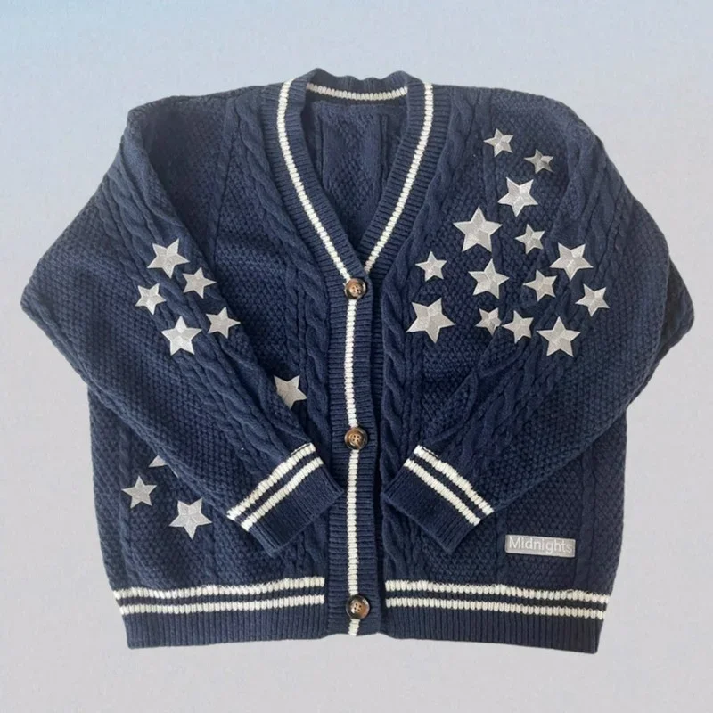 Cárdigan azul oscuro de medianoche para mujer, suéteres informales a la moda con bordado de estrellas, cárdigans de punto holgados para otoño e invierno, Tops