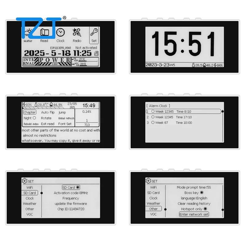 TZT HAMGEEK RW01 قارئ الحبر الإلكتروني الصغير قارئ الكتب الإلكترونية (لوحة سوداء/بيضاء) لساعة الطقس عرض الصور إنذار ملفات TXT وEPUB