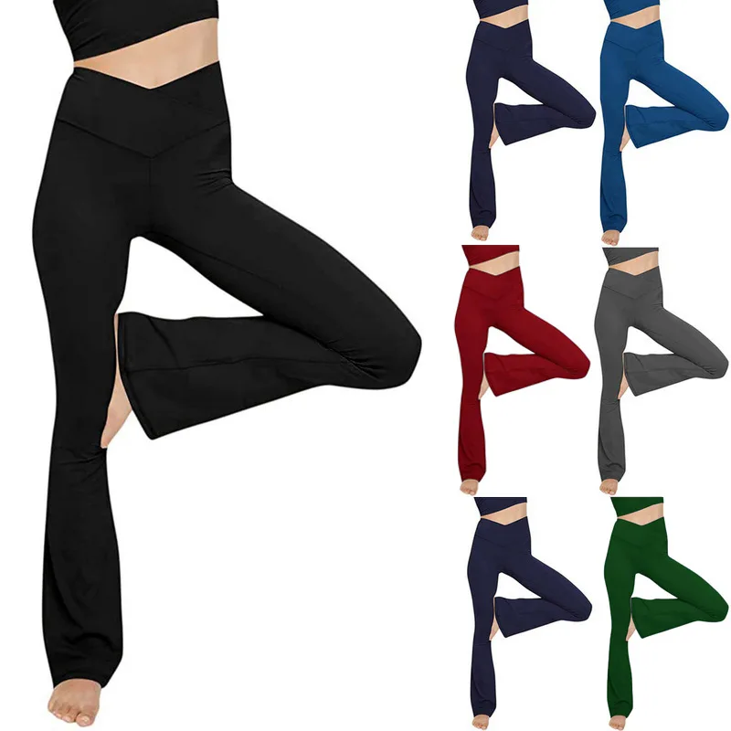 Women's High Waisted Tight Flared Pants Stretchy Fitted Cross-over Waist Flare-Leg Full Length Athletic Leggings Female Outfit