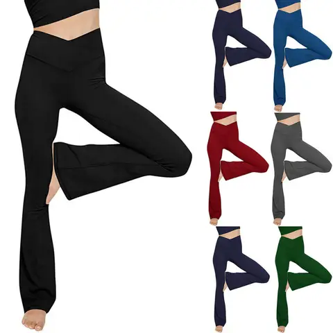 Women's High Waisted Tight Flared Pants Stretchy Fitted Cross-over Waist Flare-Leg Full Length Athletic Leggings Female Outfit