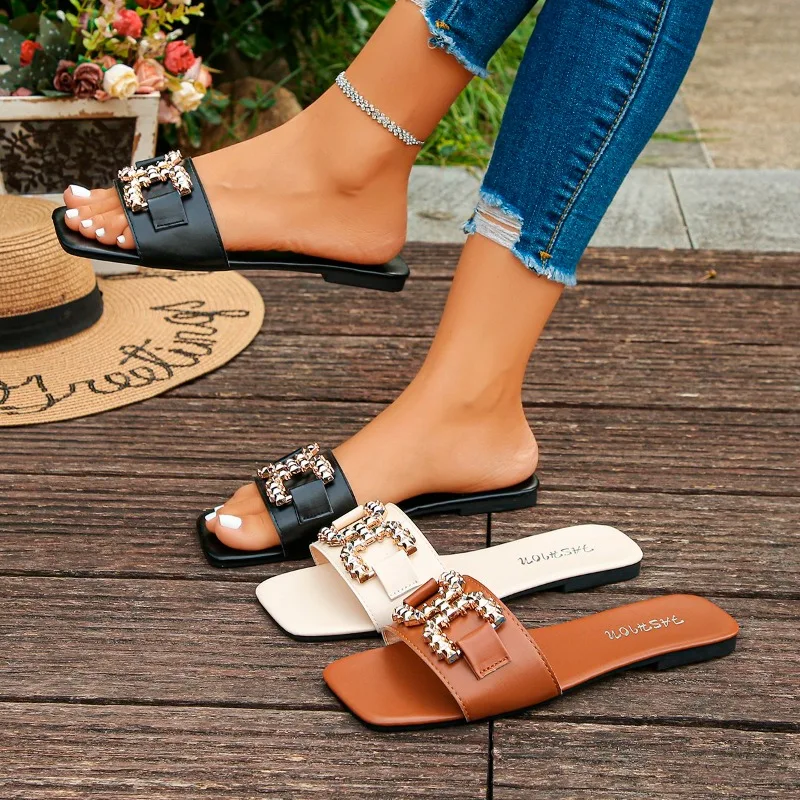 

Metal Buckle Slippers Summer New Square Toe Open Toe Soft Sole Non-slip Wear-resistant Plus Size Roman Flats