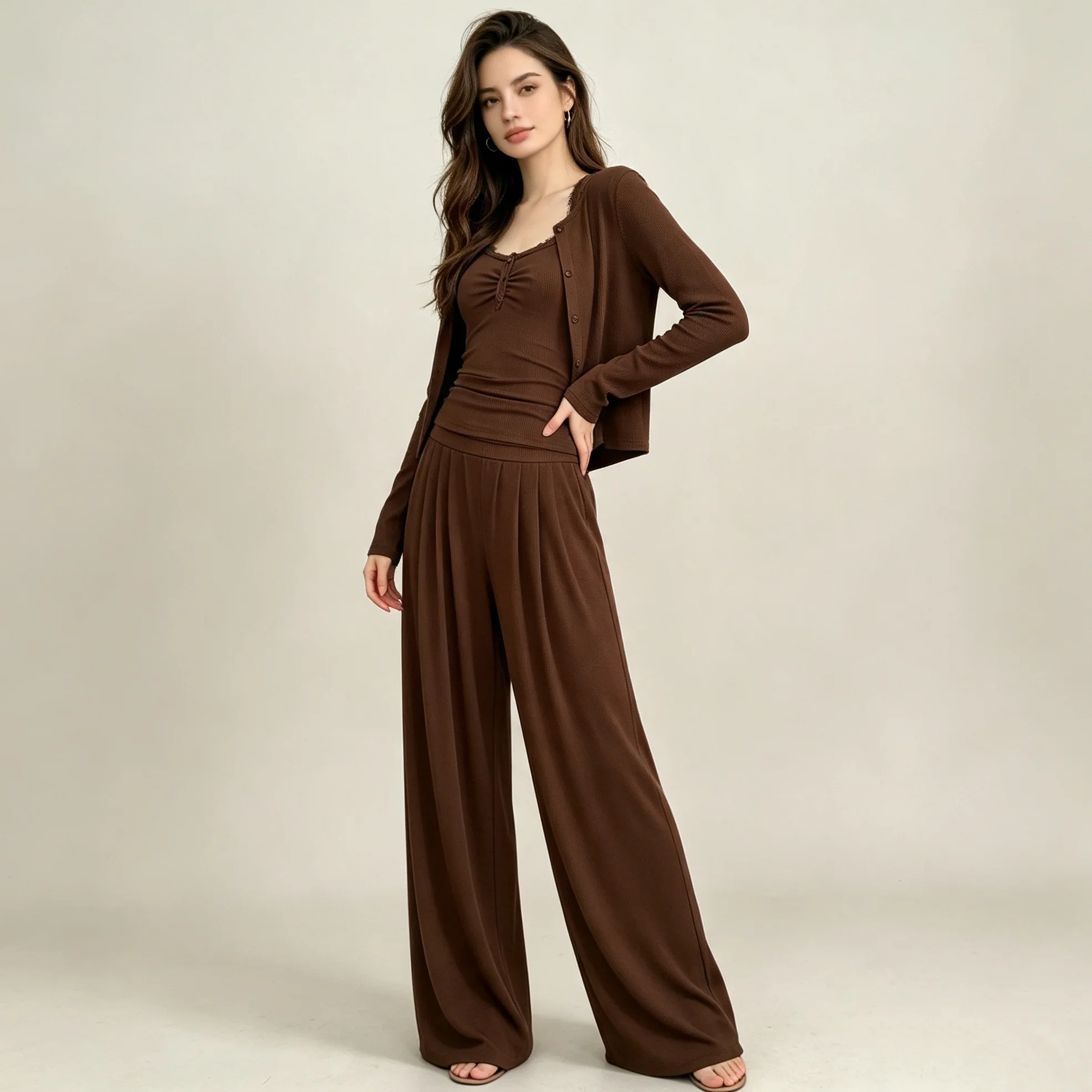 RU Lace Trim Cami Cardigan Wide Leg Pants Three Piece Set Ribbed Slim Outfit Lazy Elegant Loungewear Suitable For Daily Wear
