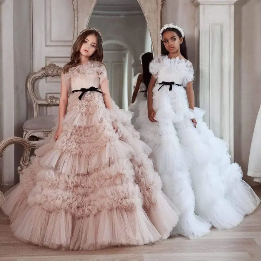 

Puffy Mini Quinceanera Dresses Mexican Ball Gown Tulle Ruffled Flower Girl Dresses For Weddings Pageant Dresses Kids Baby