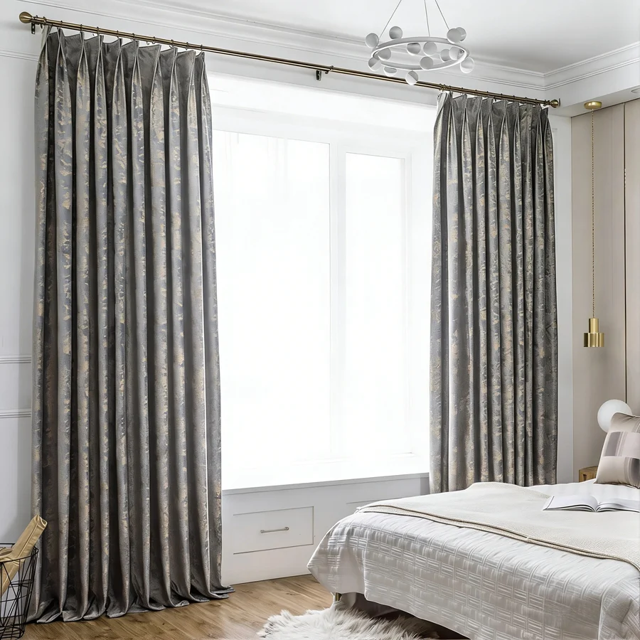 Luxuriöse Grau-Gold Jacquard Samt Verdunkelungsvorhänge, Wärmeisolierende Fenstervorhänge für Wohnzimmer Schlafzimmer