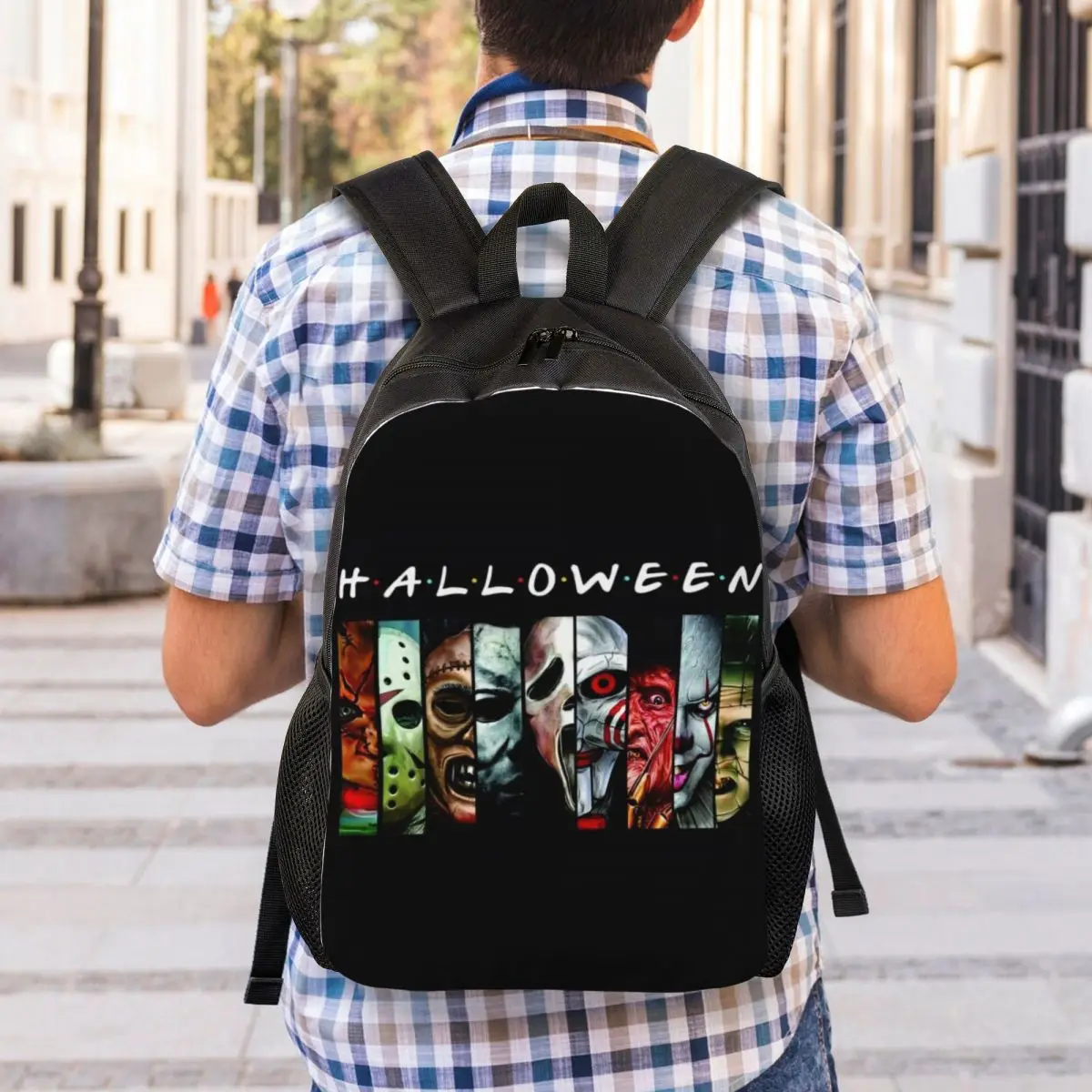 Halloween Horrorfilm Charakter Rucksäcke für Jungen Mädchen College School Reisetaschen Männer Frauen Bücher tasche passt 15 Zoll Laptop