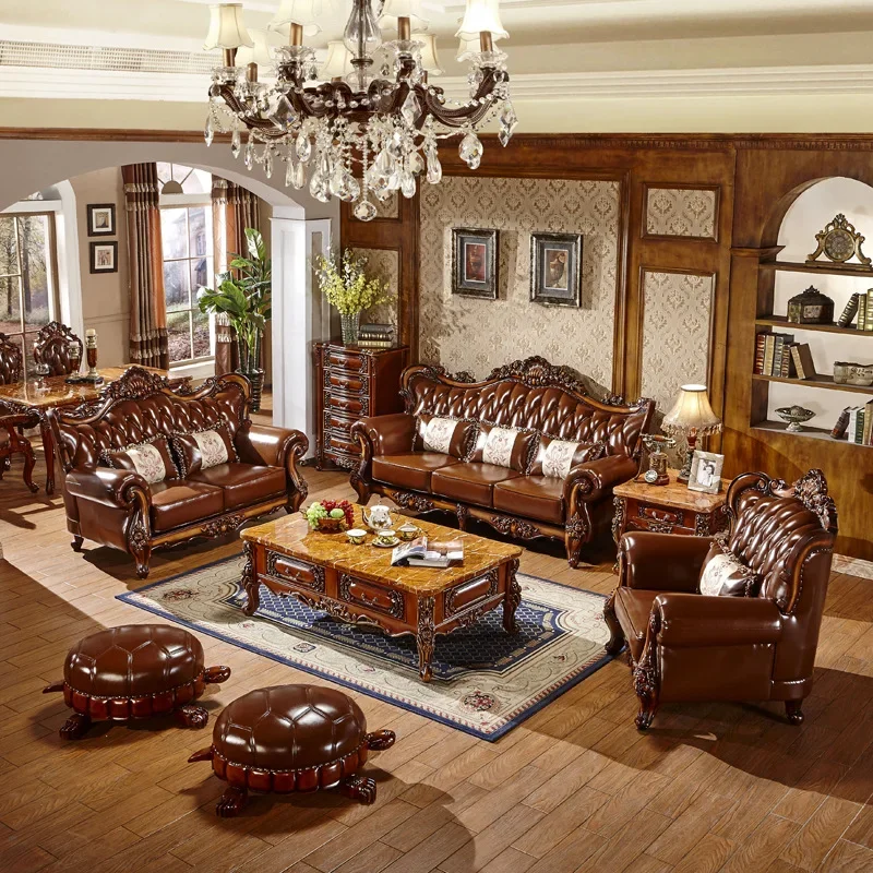 أريكة فوشان الأوروبية من الخشب الصلب المنحوت على شكل زهرة من الجلد الأوروبي لغرفة المعيشة من جلد البقر الأمريكي