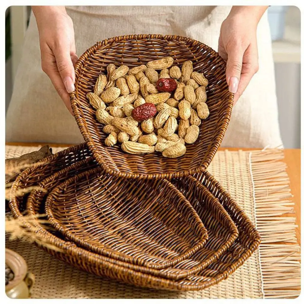 New Hand-woven Small Dustpan Plastic 3 Sizes Fork Spoon Basket Fruit Tea Snack Bread Basket Cosmetic House Kitchen Supplies