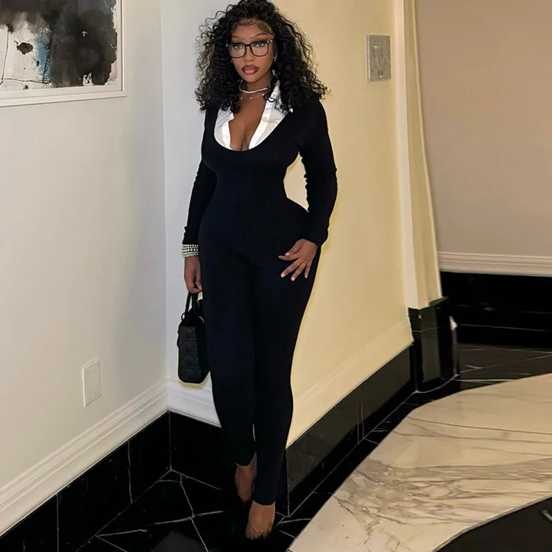 

Doyerl Shirt Style Bodycon Rompers and Jumpsuits for Woman Long Sleeve Skinny Slim Patchwork One Pieces Overalls Combinaison