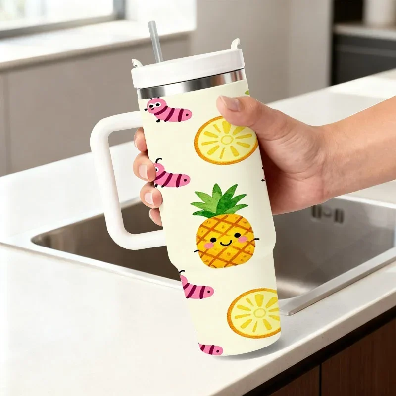 Stainless Steel Insulated Tumbler, 40Oz Cute Digital Print with Smiling Pineapples, Pink Caterpillars And Lemon Slices, Lightweight Portable Reusable Drink Cup for Home, Office And Outdoor Daily Use