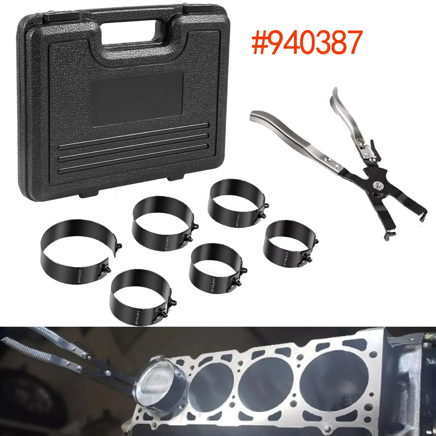

940387 Piston Ring Compressor Tool Set for Car Engine, Vehicle Maintenance Clamps, Ratchet Pliers ,2-7/8" to 4-3/8" Size