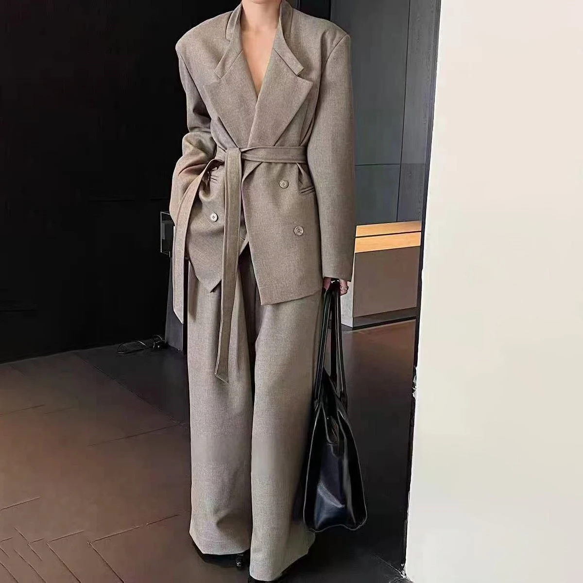 

VTKW 2025 Women’s Casual Double Breasted Belted 2PC Set Blazer Wide Leg Pants Solid Elegant Autumn Winter High Quality