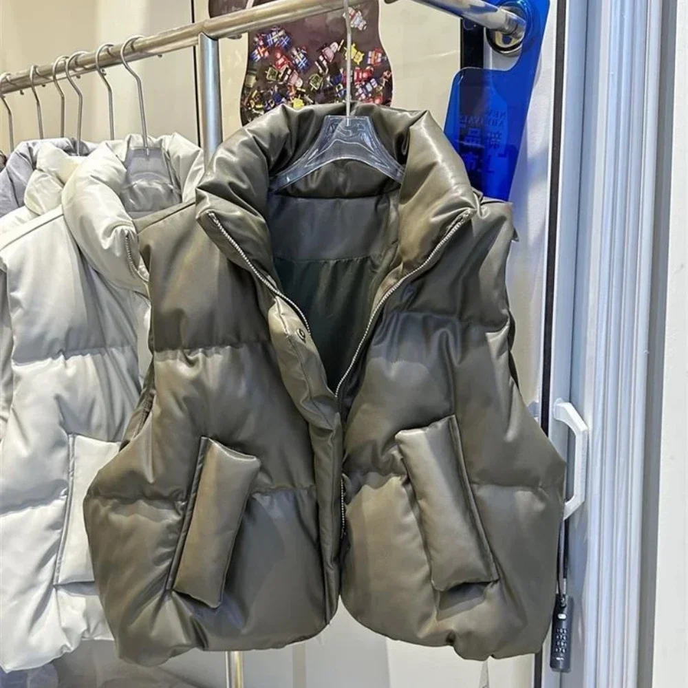 

New Short Sleeveless Vest Puffer Jacket Female Winter Pu Leathes Top Clothes Women Thick Warm White Duck Down Waistcoat