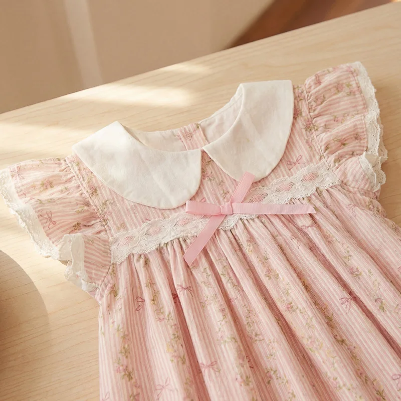 Korean Children's Clothing Bow Lace Doll Collar Girls' Dress 26 Summer Style Small Fly Sleeves Sweet Children's Princess Skirt