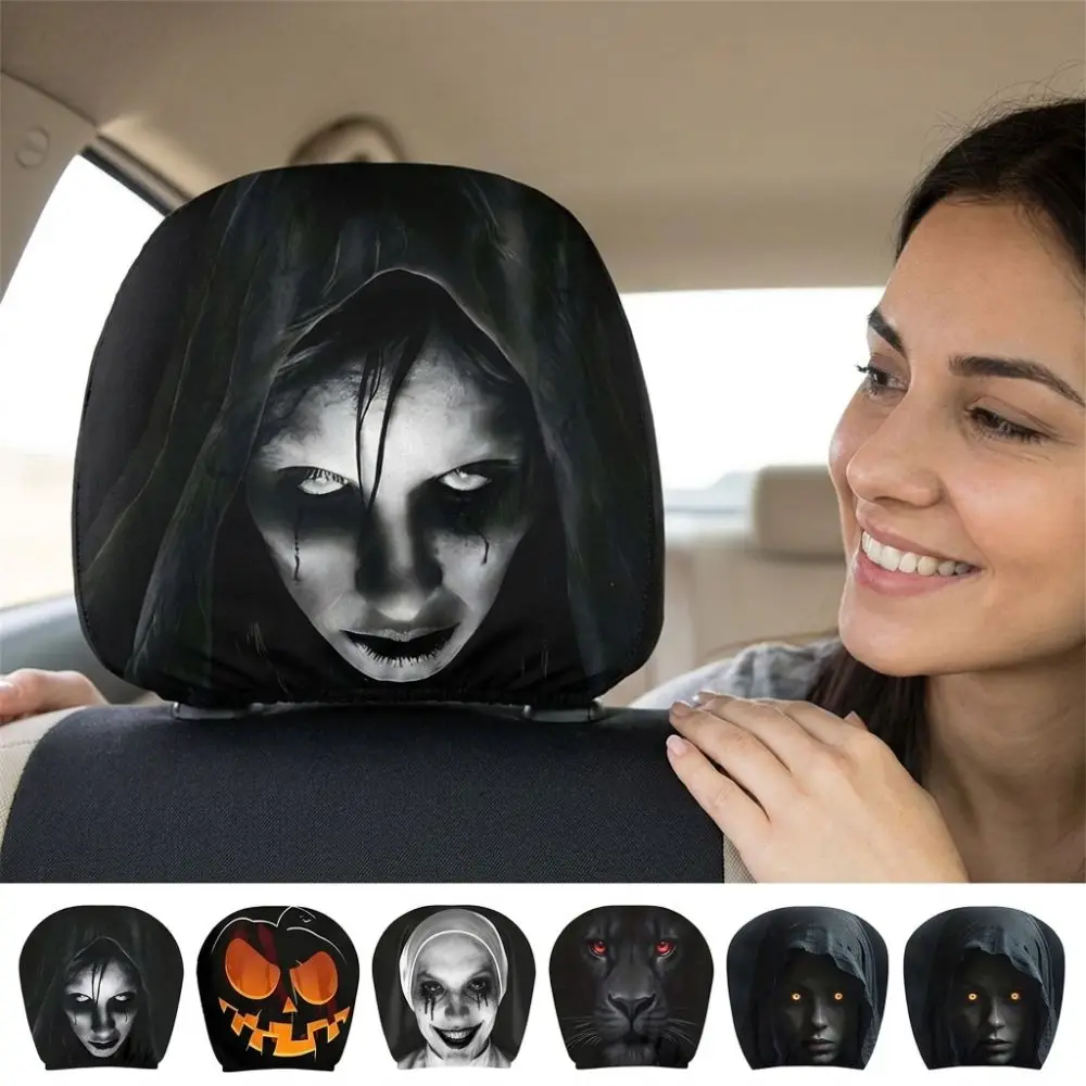 2Pcs Elastic Halloween Car Headrest Covers Scary Nun Skull Soft Comfortable Stretch Headrest Protector Breathable Dark Pumpkin