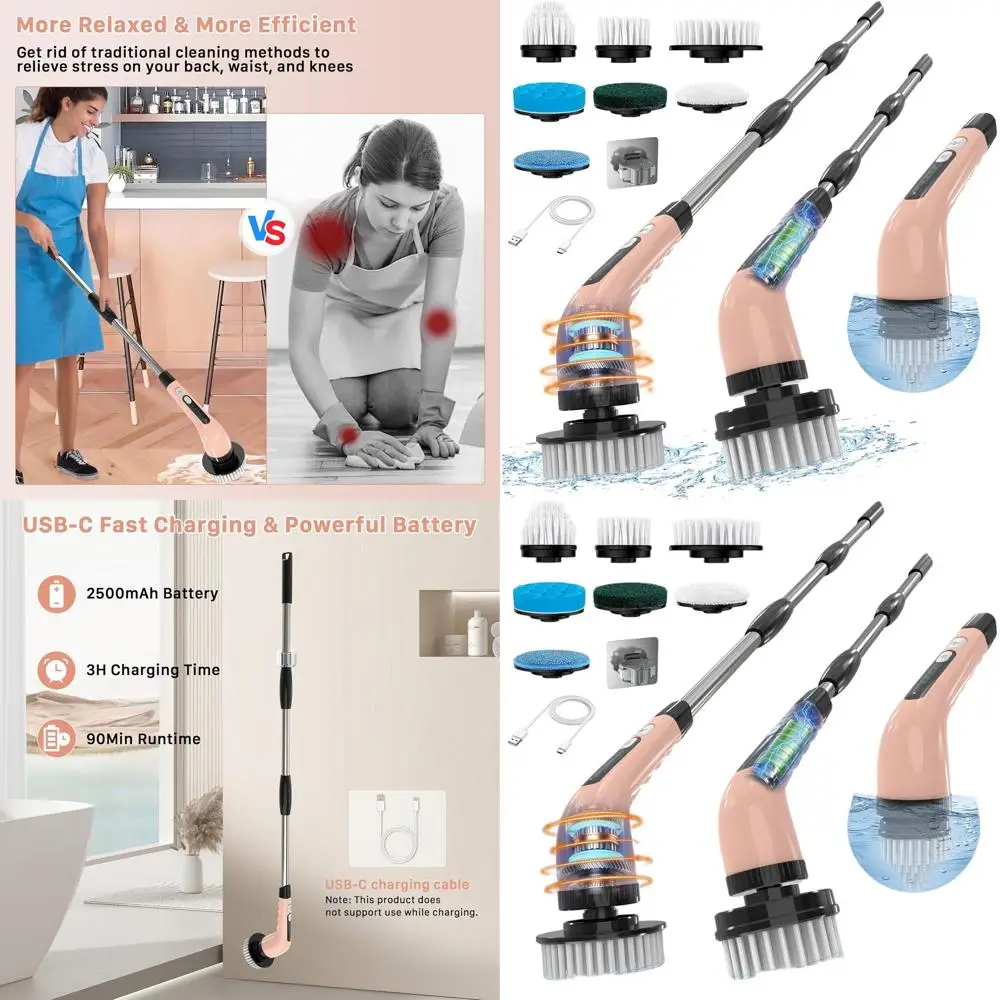 

Cordless Electric Shower Scrubber with 7 Brushes, 2-Speed, Extendable Handle for Cleaning Bathroom, Shower, Bathtub, Glass, Car