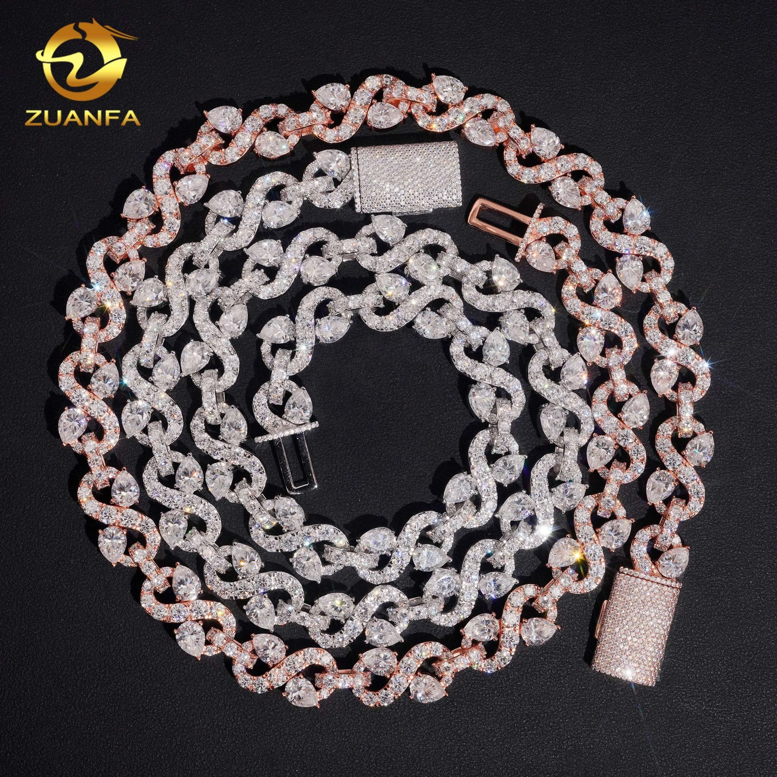 New Arrivals Iced Out 13mm Hip Hop Pear Cut 925 Silver Moissanite Cuban Link Chain Infinity Necklace，