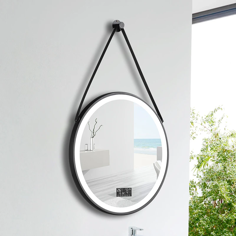 Modern Wall Mounted Time Display Touch Screen Anti-fog Multi-colored Round Led Bathroom Mirror