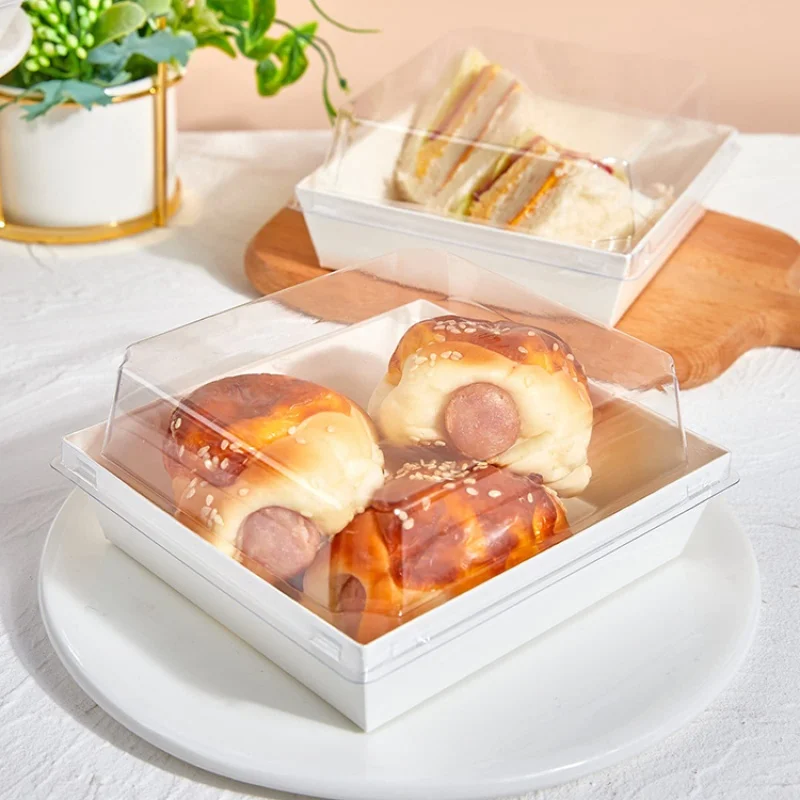 Op Maat Gemaakte Producten Wegwerp 5 Inch Vierkante Food Cake Plak Containers Roze Bakkerij Sandwich Dozen Papier Charcuterie Boxen Met