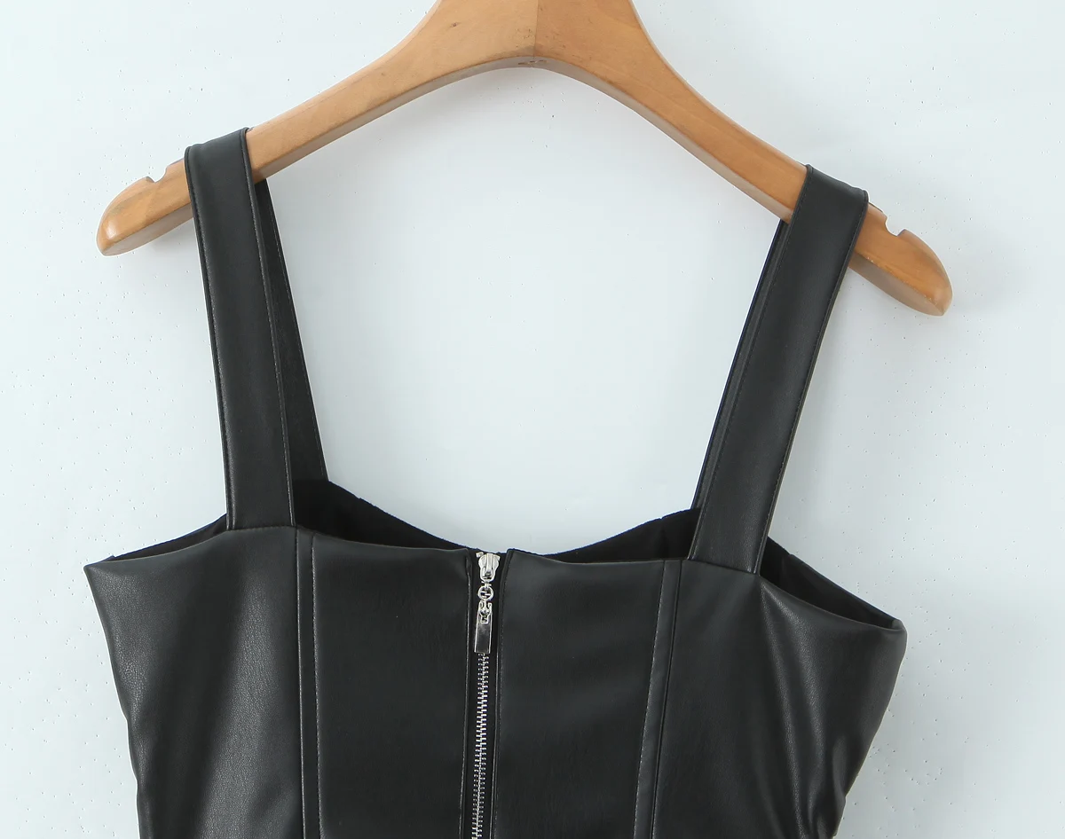 Sexy Corset style Low Waist Faux Leather Sling Dress Black Women Hem Ball Gown Swing Party Sleeveless Dresses Robe Vestido