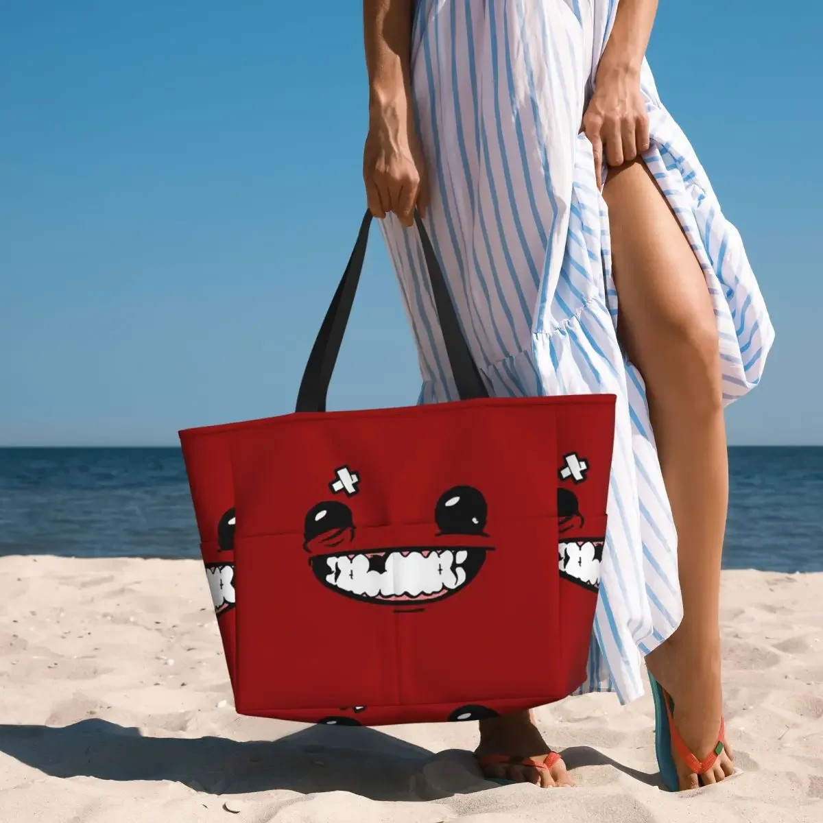 Supermeatboy Logo Super Meat Boy Logo Game Cool Hot New Fresh Red Sexy Smile Beach Tote Bag Bag Women Travel Bag Fitness bag