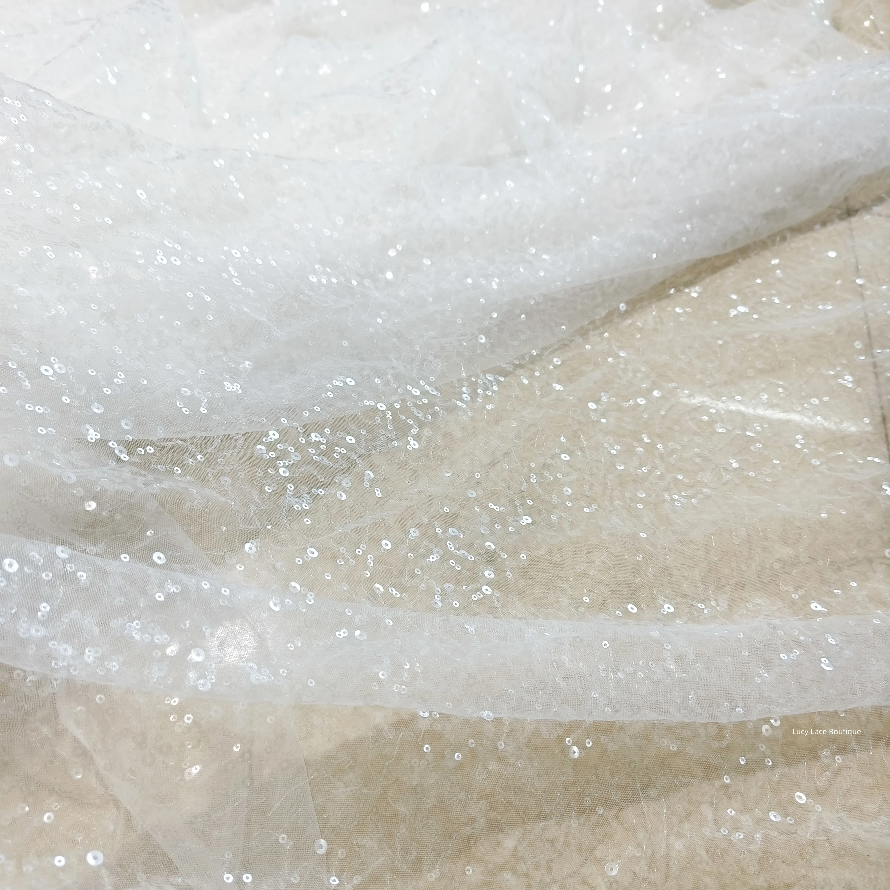 

Allover Transparent Shiny Sequins Tulle Mesh Lace Fabric Off White Netting Lace Sequin Applications Continuous Fabric