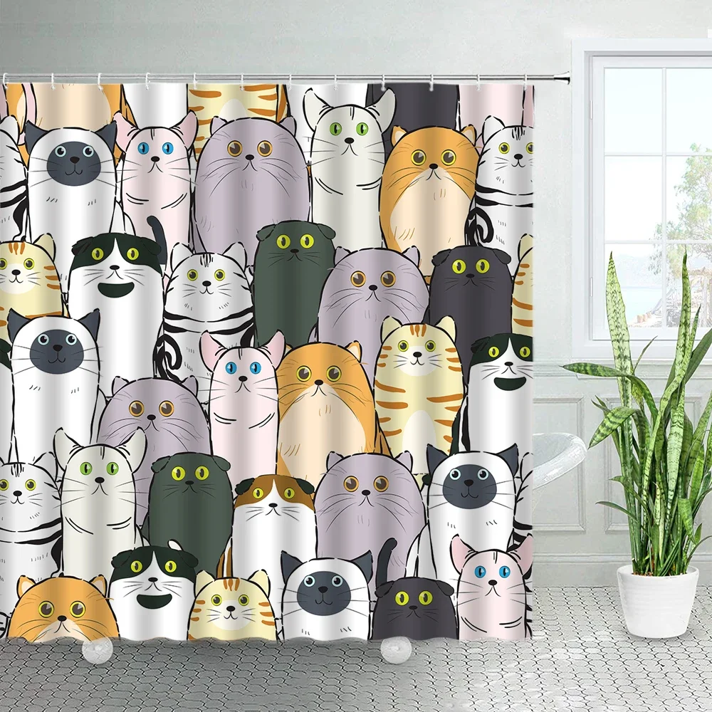 Cat Printed Shower Curtain Color Cartoon Lovely Animal Bear Polyester Fabric Hanging Curtains Bathroom Bathtub Decor with Hook