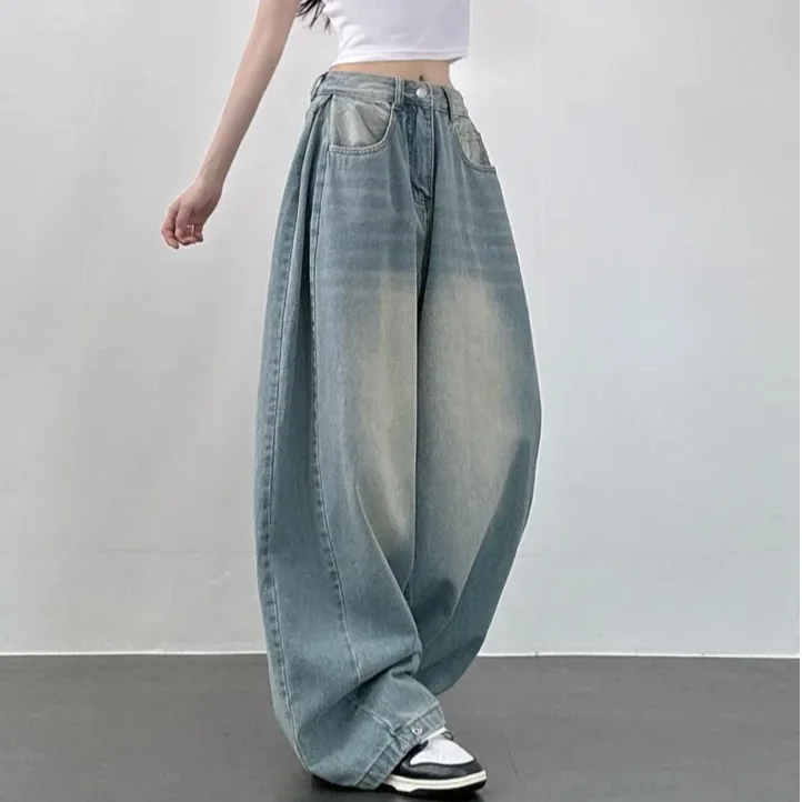 Jean Chic Vintage taille haute à jambes larges pour femmes, pantalon décontracté, plissé sur le côté, bouton caché, pantalon ample et amincissant