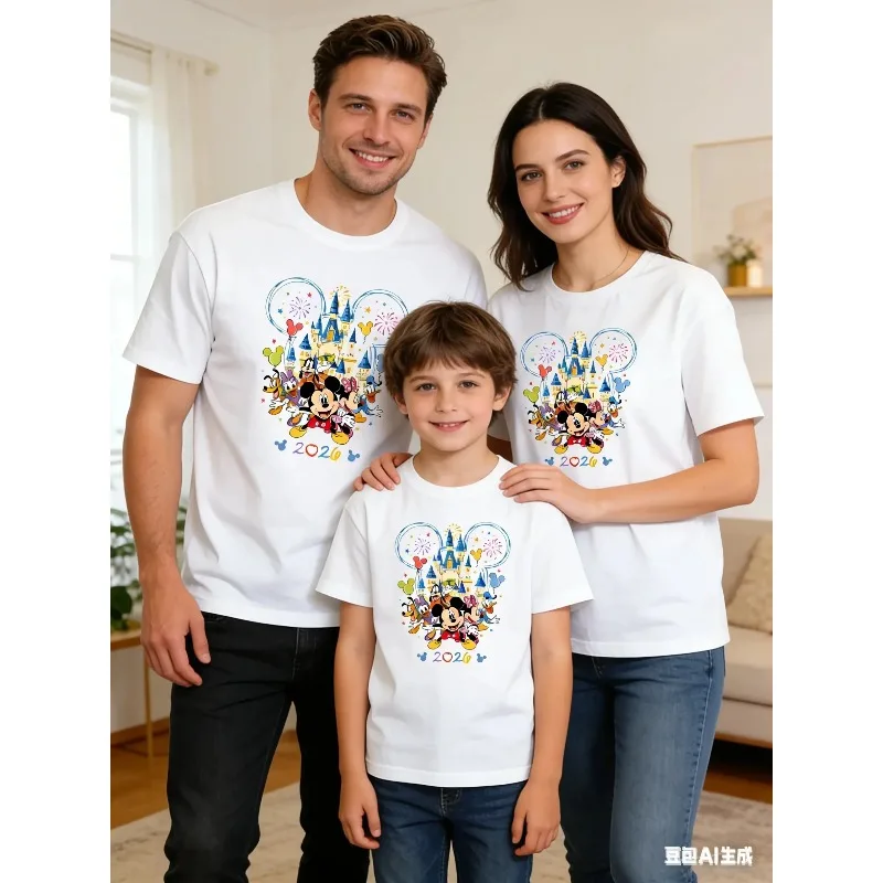 Camiseta Familiar 2026 para Padres e Hijos, Familia de Tres, con Foto de la Familia en el Castillo, Manga Corta, para Niños y Niñas, para Salidas al Parque