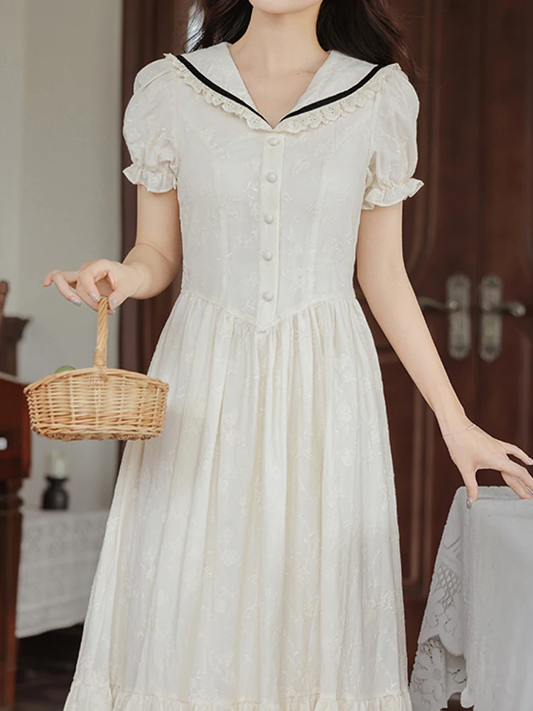 

New Summer French Temperament Mid-Calf Glamorous Princess Sleeves Sweet Puff Sleeve Embroidery Pear Shaped Slim Fit Lady Dresses