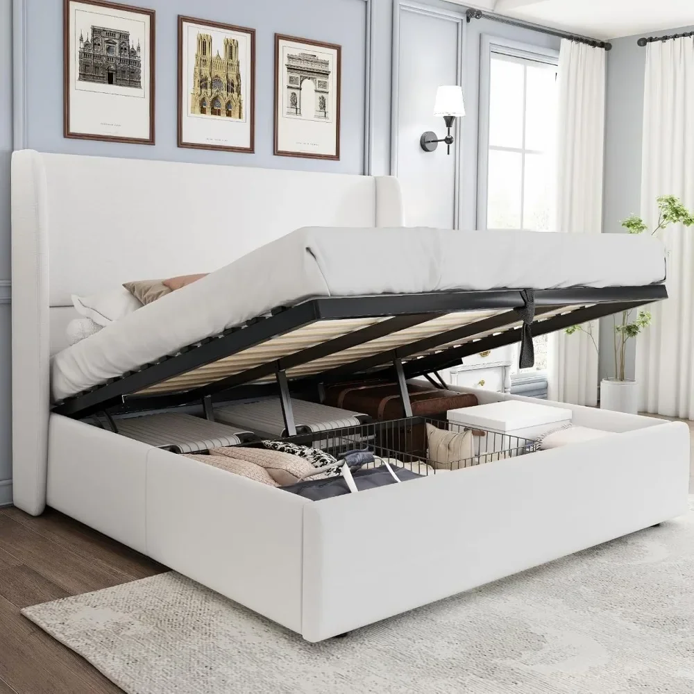 

Кровать King Size с подъемным хранилищем, мягкий каркас кровати на платформе, каркас кровати с изголовьем Wingback и гидравлическим хранилищем/современный