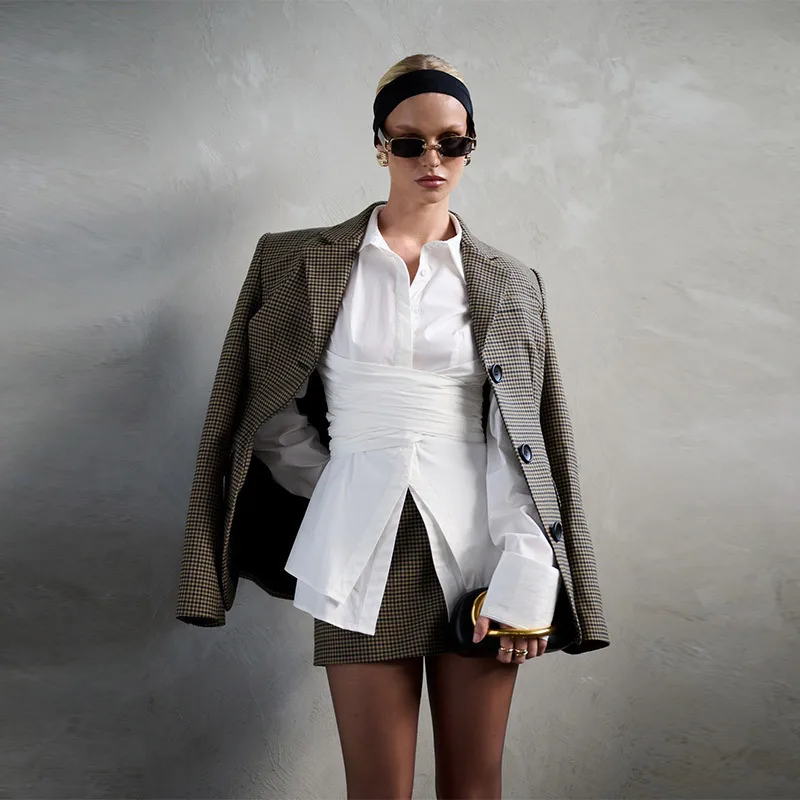 

White Women's Irregular Shirts Lapel Waist Cinching Full Sleeve T-Shirt Spring Autumn Commuter Office Lady Top Korean Style