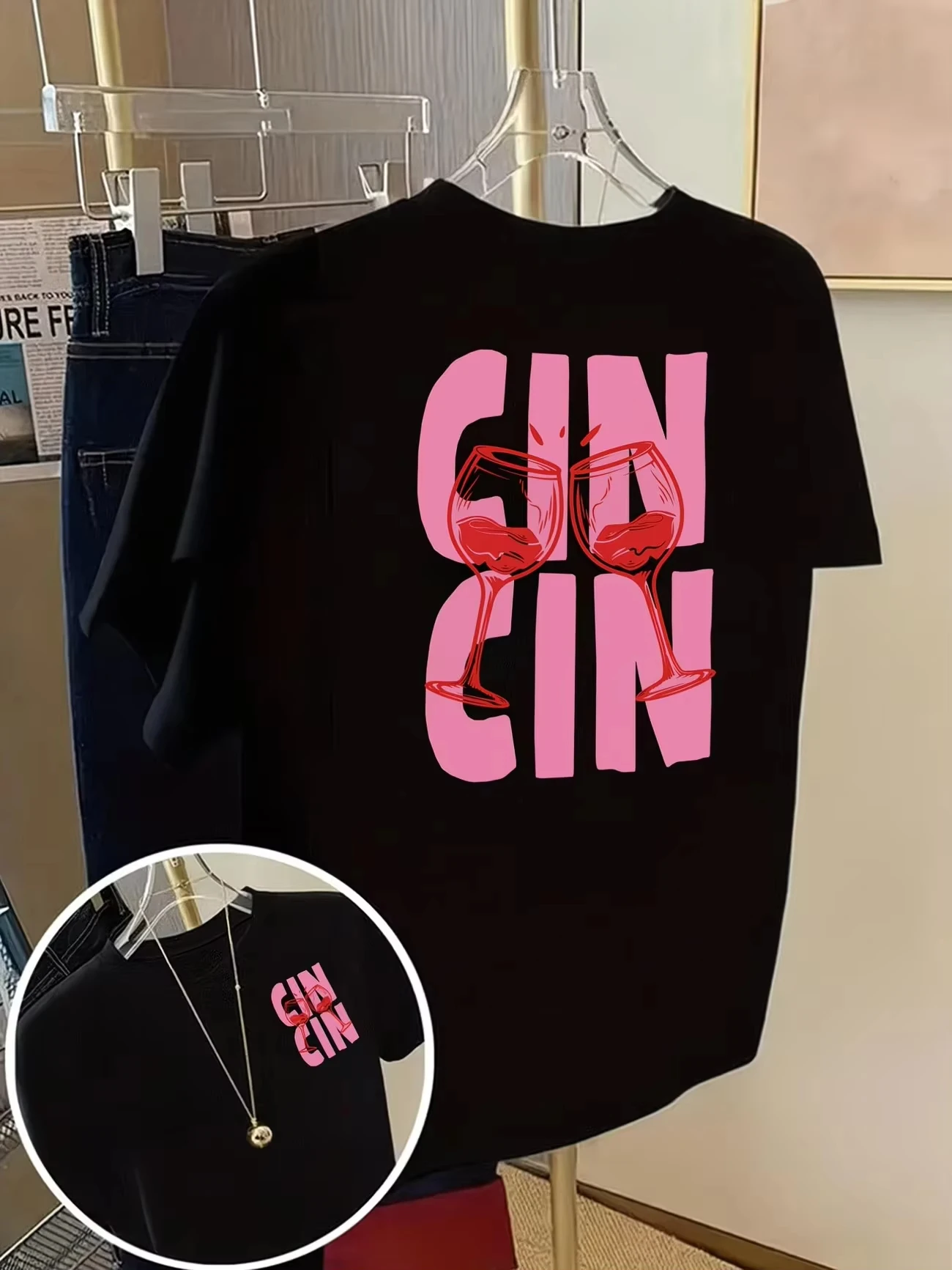 Unisex Cin Cin Wine Glass Print T‑Shirt Cheers Letter Graphic Casual Short Sleeve Party Drinking Tee For Men Women