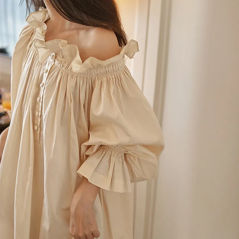 Women Vintage Apricot Full Sleeves Nightgowns Sexy Off-Shoulder Long Ankle-Length Nightdress Victoria Loose Plus Size Nightie