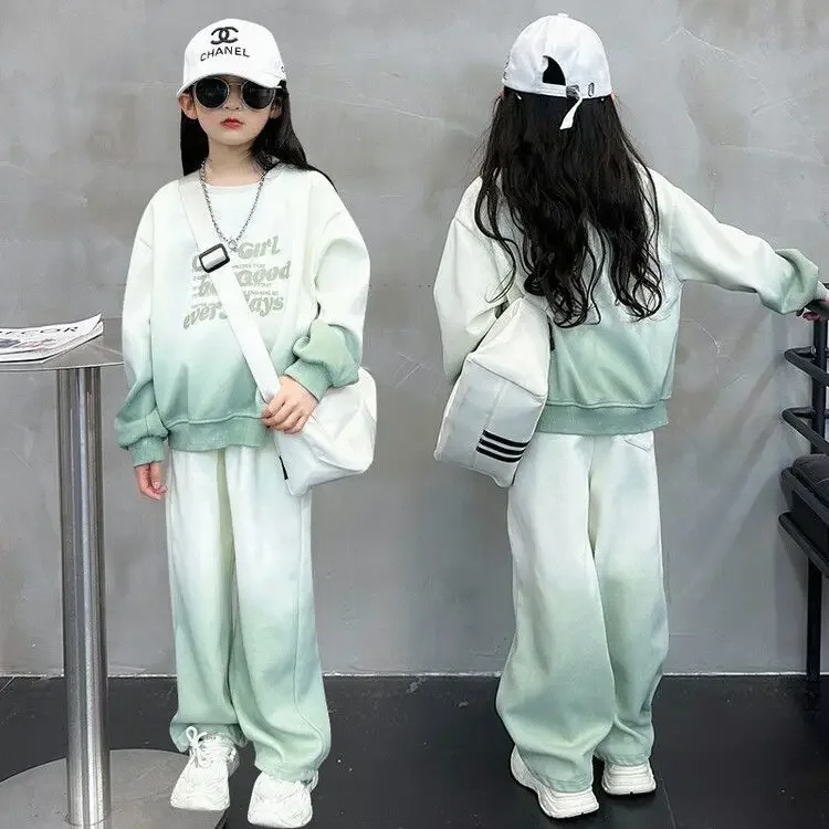 2026 Autumn Girls Kids Tracksuit Children Set Cloth Loose Gradient Sweatshirt Hooded + Wide Leg Pant Suit Teens 4 8 10 12 Year
