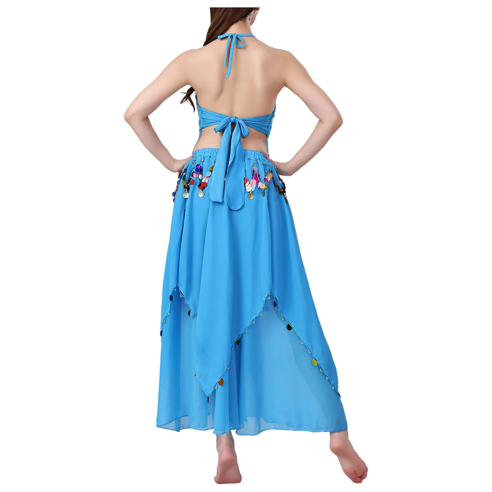 Womens buikdans kostuum franje geborduurde kant-up crop top en onregelmatige zoom chiffon rok lyrische buik moderne dans outfit