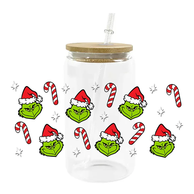 Miniso Cute Cartoon Christmas UV DTF Santa Decal Wrap For 16oz Libbey Glass Can Cup uvdtf Coffee Car Sticker Wholesale DIY