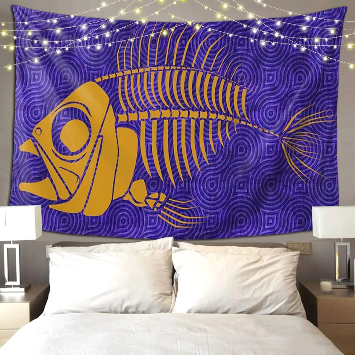 Golden Fish Skeletons Tapestry Art Wall Hanging Aesthetic Home Decoration Tapestries for Living Room Bedroom Dorm Room