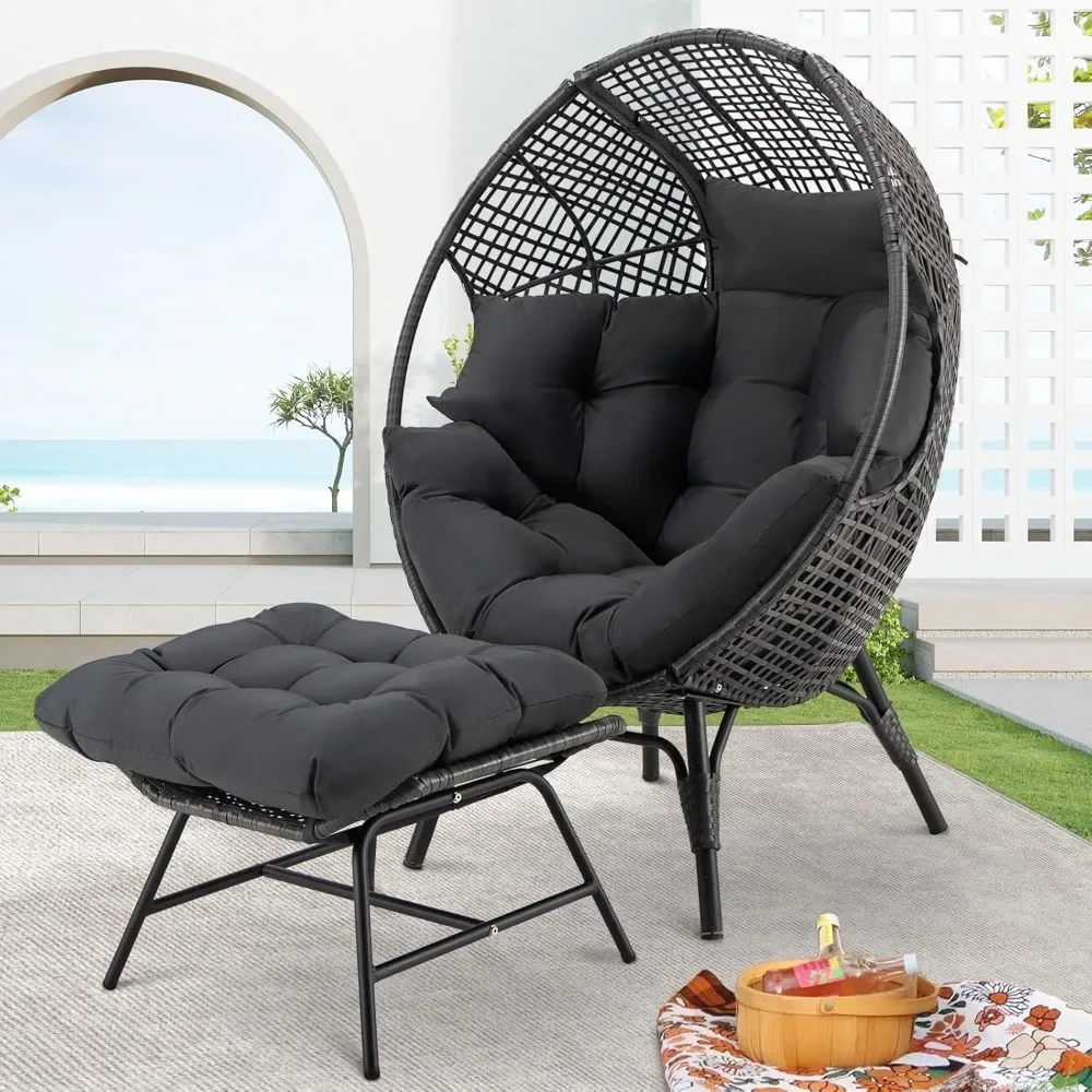 Patio Egg Chair with Ottoman, Indoor Outdoor Half-Egg Lounge Chair, Cozy  Round Circle Chair ,  Rattan Egg-Shaped w/Cushion