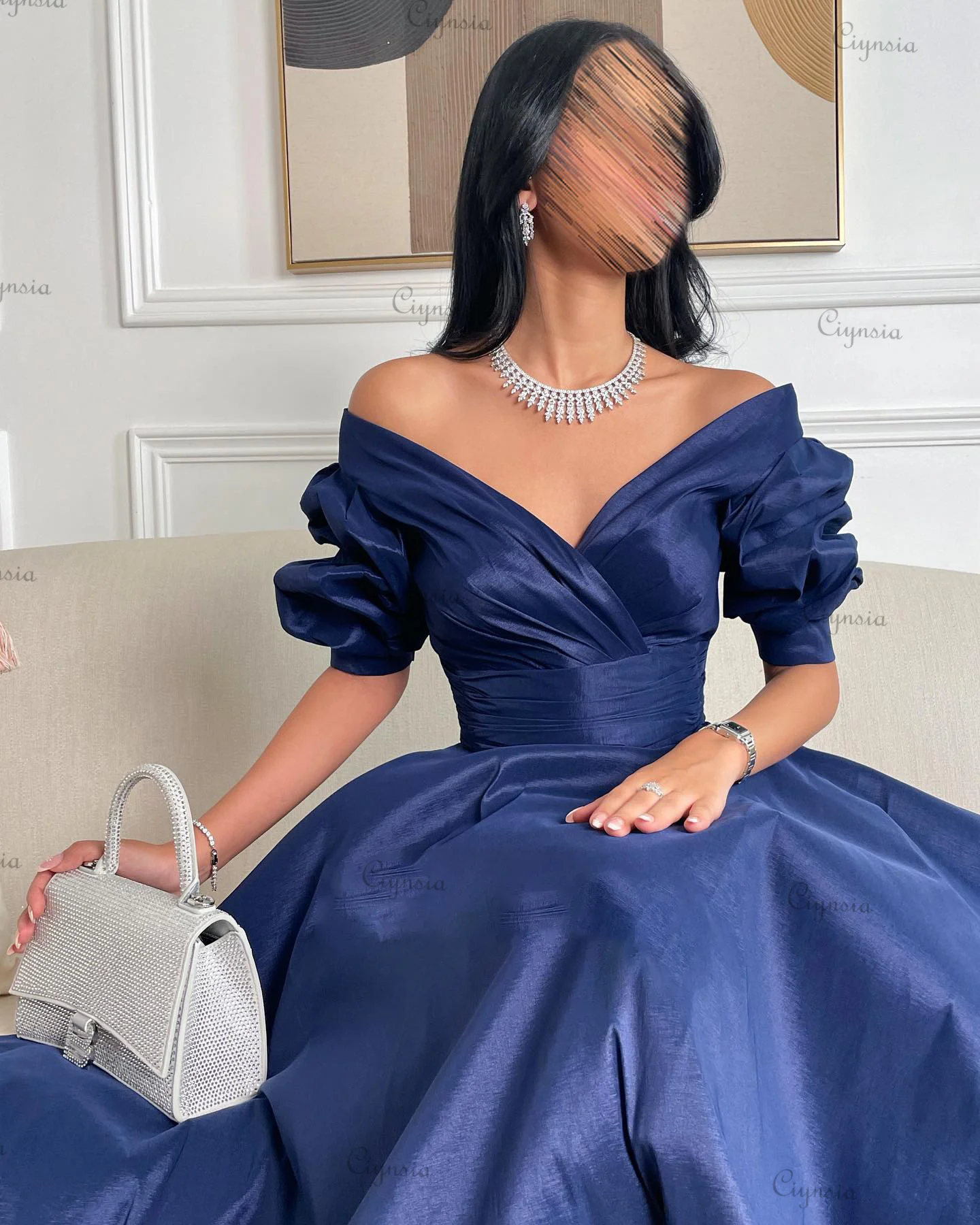 Ciynsia Dark Blue V-Neck Off Shoulder Evening Dresses Long A-Line Satin Formal Dress 2023 Simple Elegant Prom Gowns Party Women