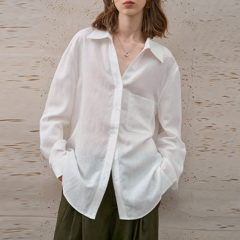 

100% Linen White Shirt Women Lapel Cardigan Long-sleeved Solid Color Casual Loose High Street Fashion Chic Sun-protective Blouse