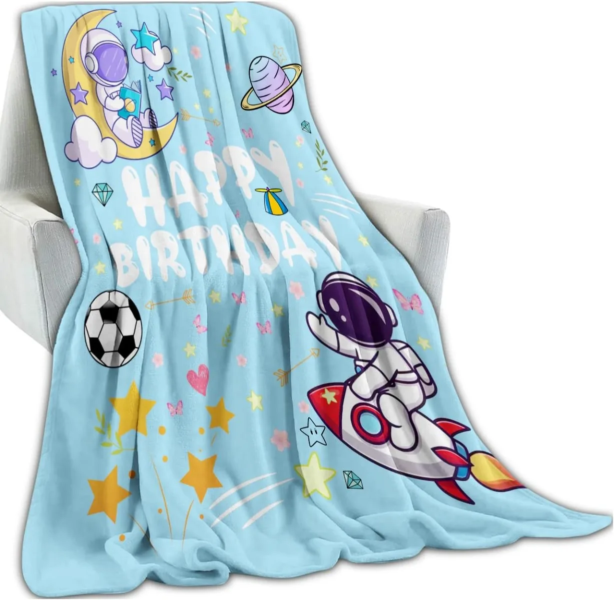 Space Astronaut Happy Birthday Throw Blanket, Cartoon Galaxy Stars Blankets for Bedroom Living Room Decor for Boys Girls Kids