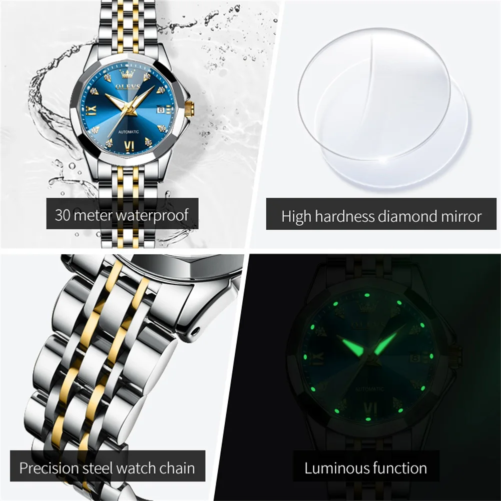 OLEVS 9982 Women\'s Watches Rhombus Mirror Original Automatic Mechanical Watch for Women Waterproof Stainless Steel Watch Ladies