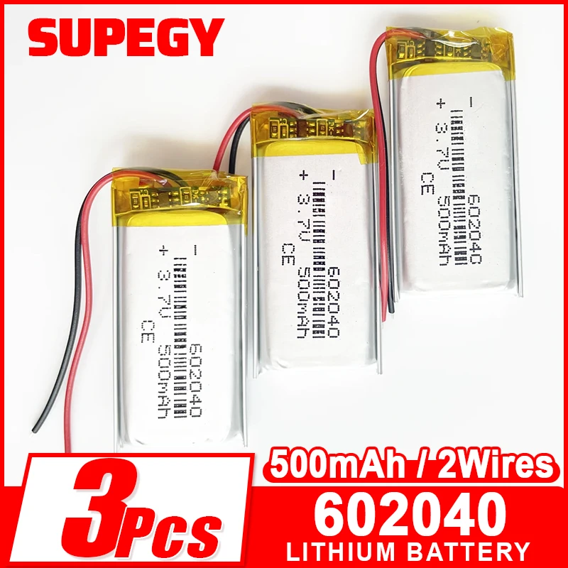 3 PCS 3.7V 500mAh Lipo Rechargeable Battery Polymer Lithium Cells For MP3 GPS DVD PSP Bluetooth Recorder E-book Camera 602040