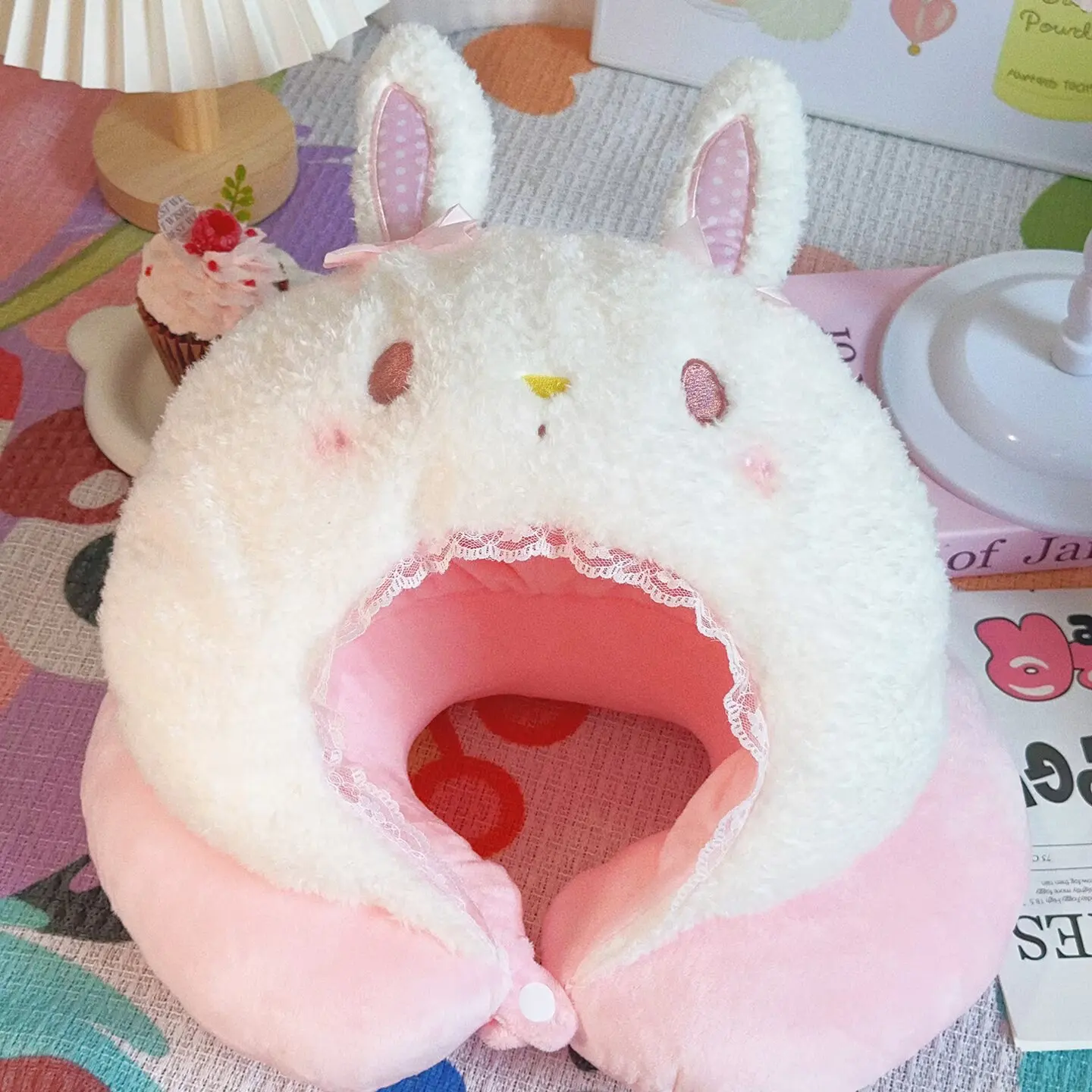 Cartoon Travel Neck Pillow with Hooded Plush U-Shaped Memory Foam Animal Rabbit Shape Nap Support Sleeping Pillow for Airplane